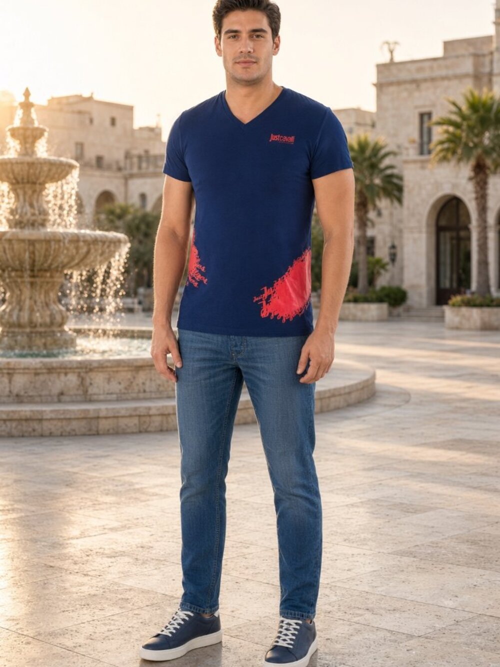 Just Cavalli Men Navy Blue V-Neck Spot Accent Sports Beach Tee US XS